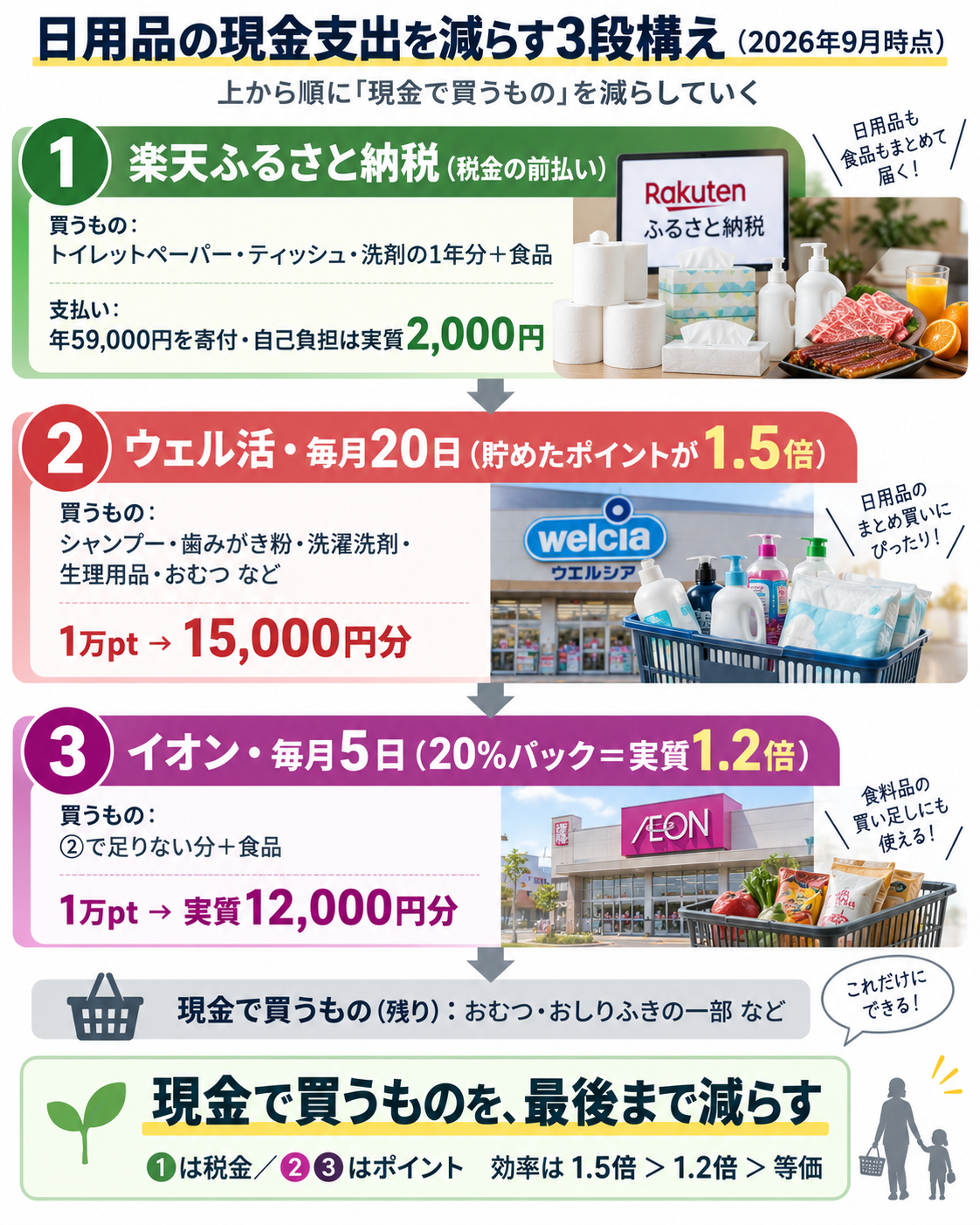 日用品の現金支出を減らす3段構え(楽天ふるさと納税→ウェル活20日→イオン5日)のフロー図