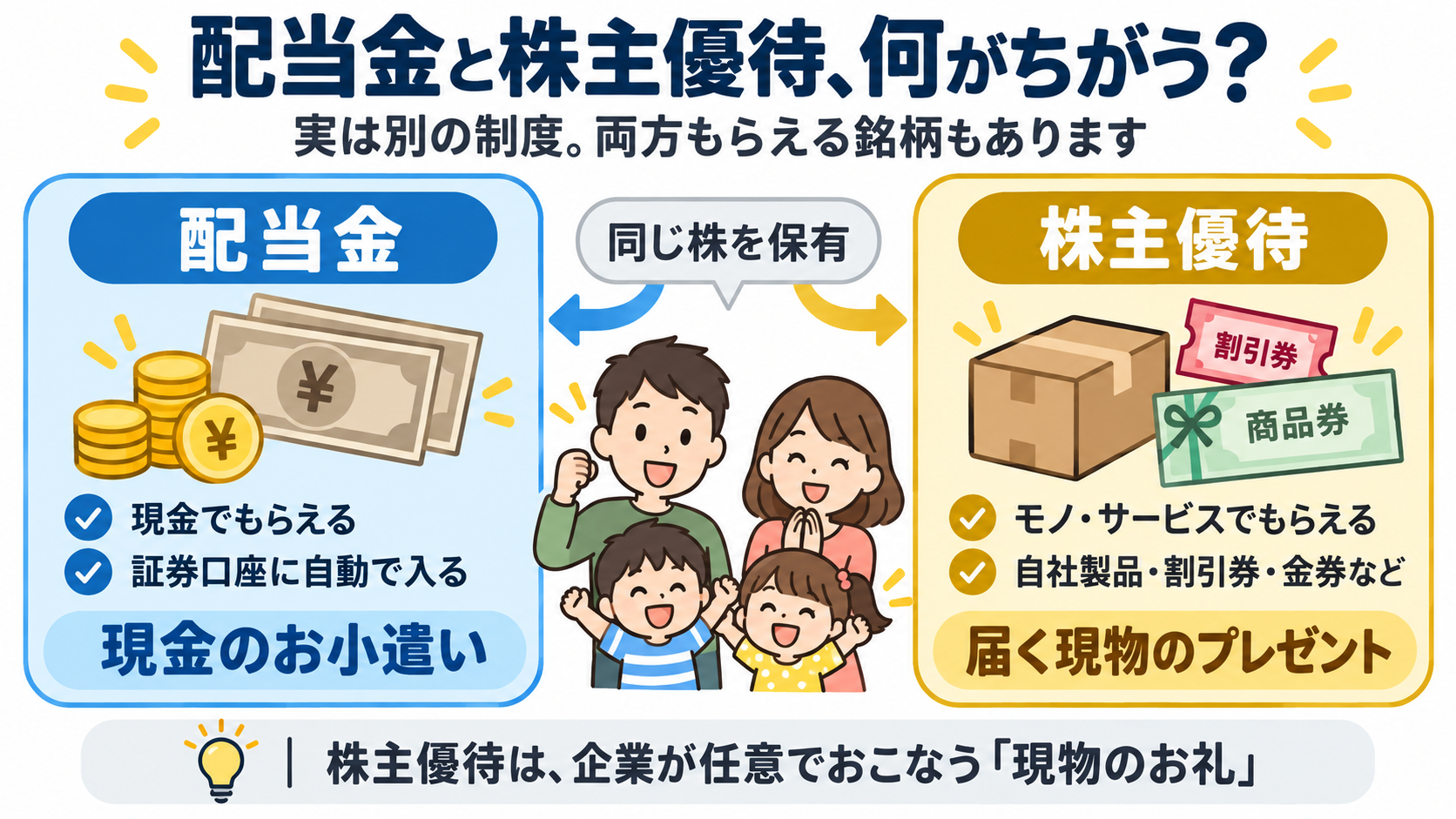 配当金と株主優待の違いを比較したインフォグラフィック