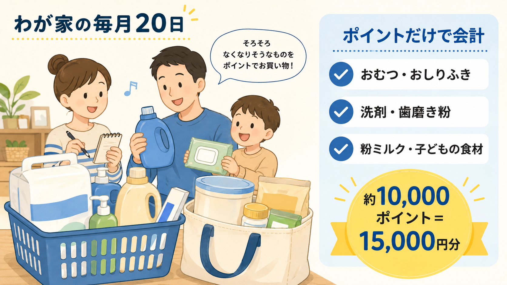 わが家が毎月20日にウエルシアで買っていた日用品のイメージ。おむつ・おしりふき、洗剤・歯磨き粉、粉ミルクや子どもの食材を、約10,000ポイント(15,000円分)分、ほぼポイントだけで会計していた