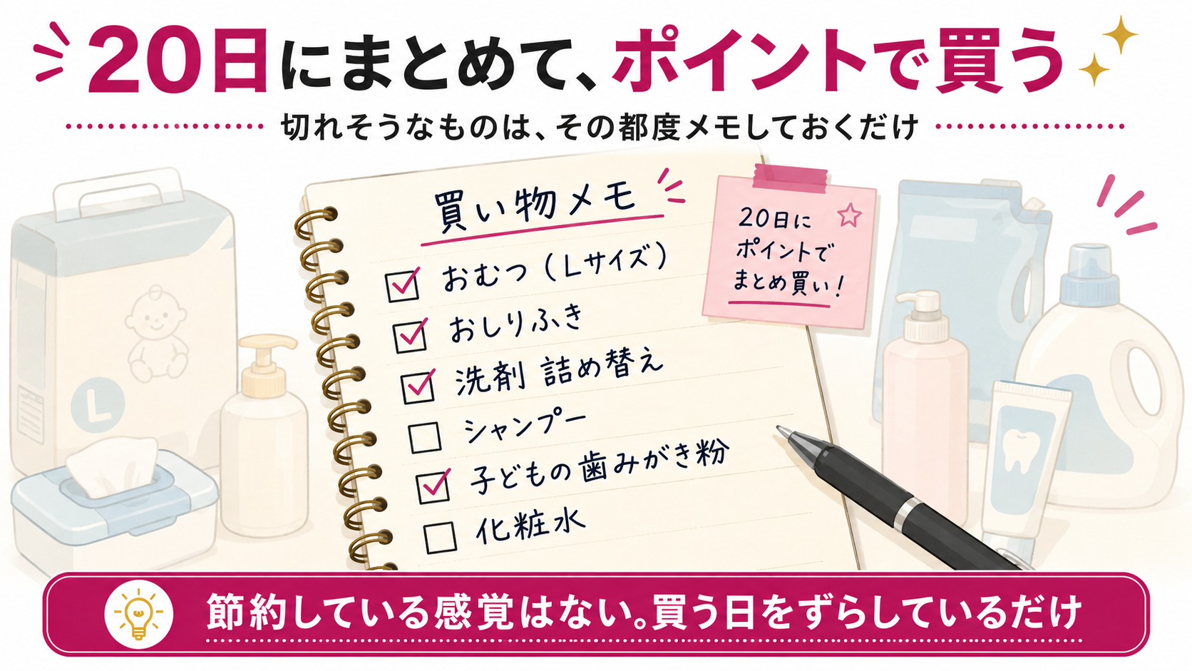 買い物メモのイラスト。おむつ(Lサイズ)、おしりふき、洗剤の詰め替え、シャンプー、子どもの歯みがき粉、化粧水など、切れそうな日用品をメモして20日にまとめてポイントで買う