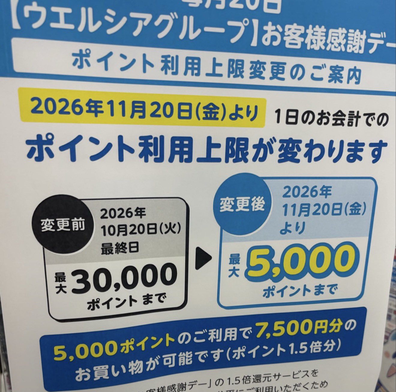 ウエルシアの店頭に掲示されていたポイント利用上限変更の告知。2026年11月20日から1日のお会計での上限が最大5,000ポイントに変わる旨が書かれている