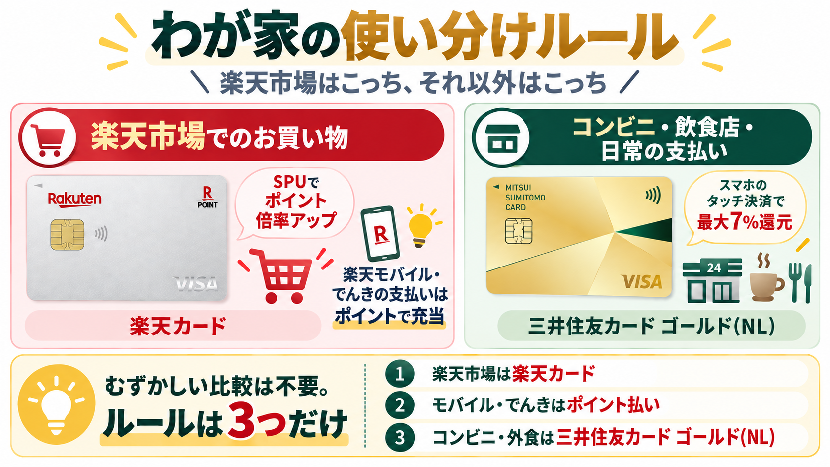 楽天市場は楽天カード、対象のコンビニ・飲食店は三井住友カード ゴールド(NL)という使い分けルールの早見表