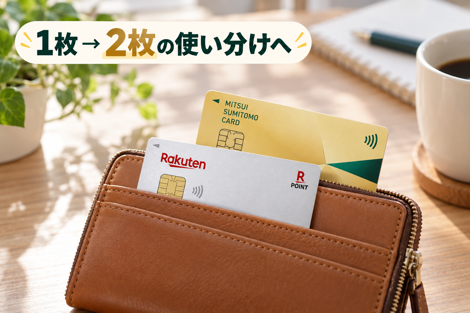 楽天カード1枚から、三井住友カード ゴールド(NL)との2枚使い分けへ。財布から覗く2枚のカード