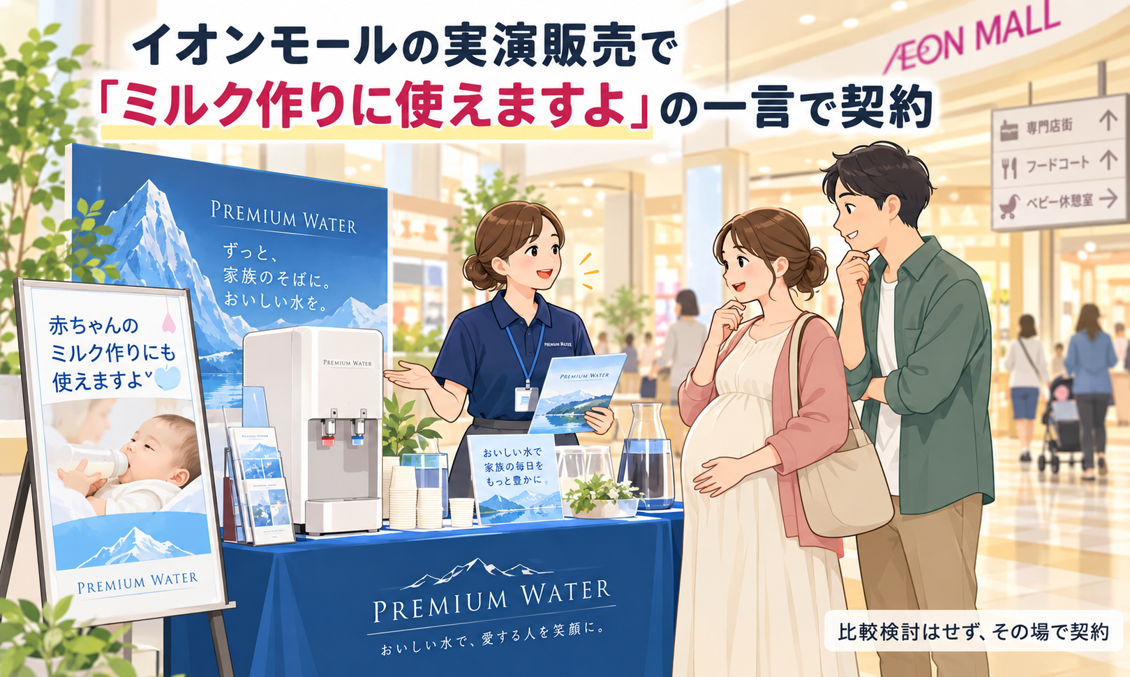 イオンモールの実演販売コーナーで「ミルク作りに使えますよ」と勧められ、その場で契約した様子のイラスト