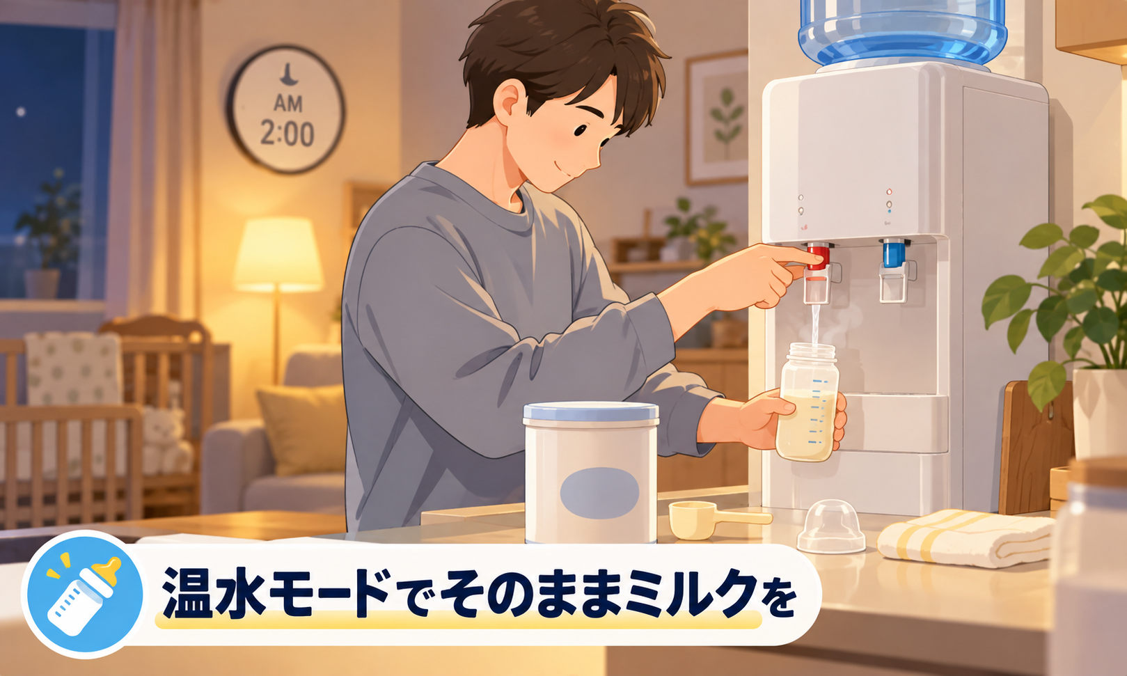 深夜2時、ウォーターサーバーの温水モードでそのまま赤ちゃんのミルクを作っている様子のイラスト